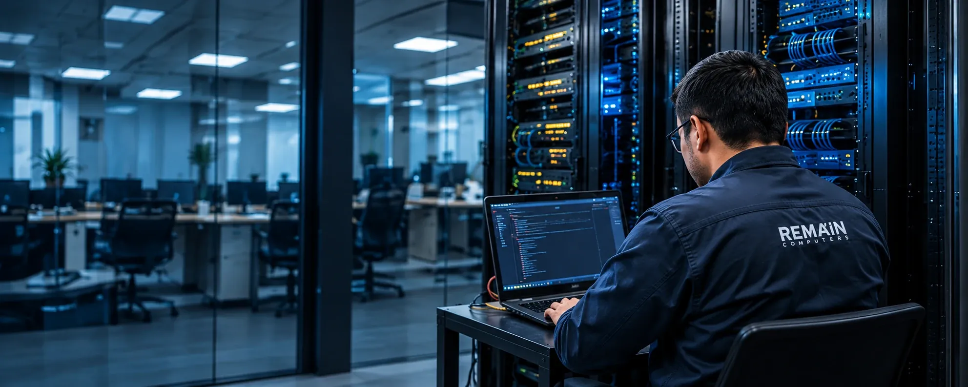 Técnico de Remain Computers trabajando frente a los racks de servidores