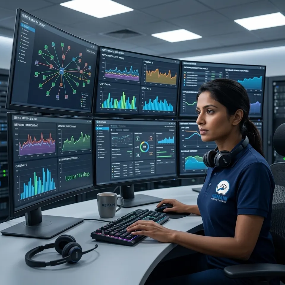 Especialista de Remain Computers monitoreando la infraestructura de un cliente